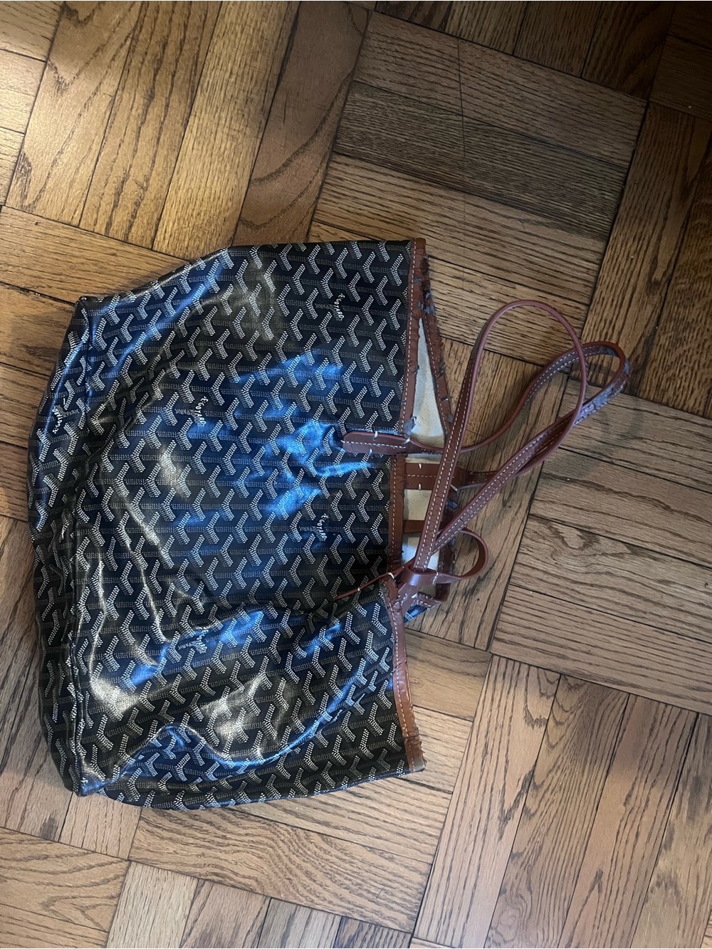 Black Patterned Tote with Brown Trim